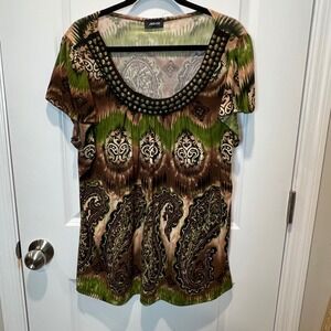 Judith Paisley Beaded Neckline Short Sleeve Top Brown Green Size 2X